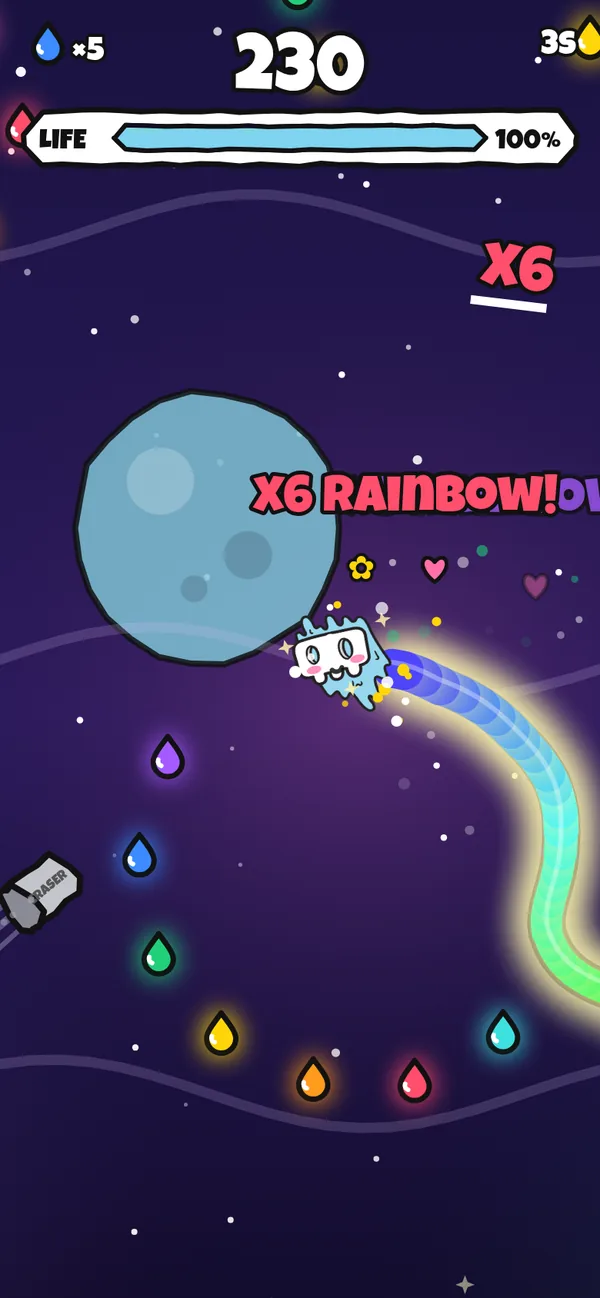 Gameplay: Ghost Boy loops a rainbow trail and collects colors