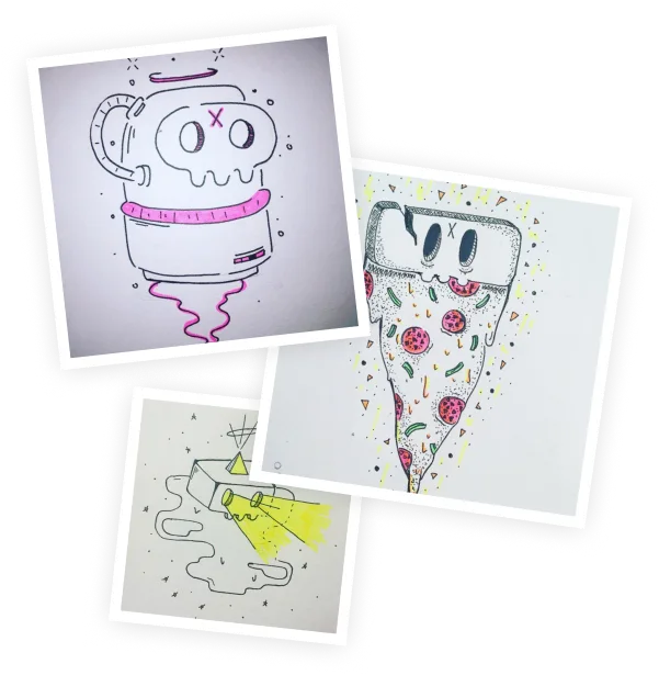 Three early pen sketches on paper: a ghost-faced jar with a pink band, a pizza slice with a mask face, and a small flying creature with yellow beams